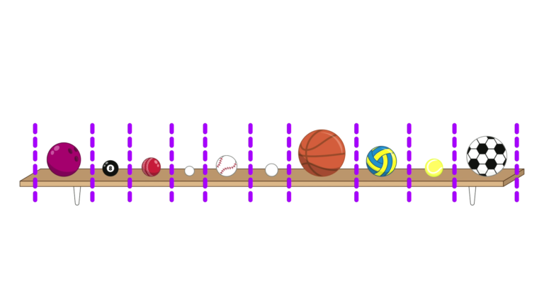 10 balls on a shelf, split into 10 sections by dashed purple lines. The balls are, in order, a bowling ball, a pool ball, a cricket ball, a ping pong ball, a baseball, a golf ball, a basketball, a netball, a tennis ball, and a football (soccer ball).