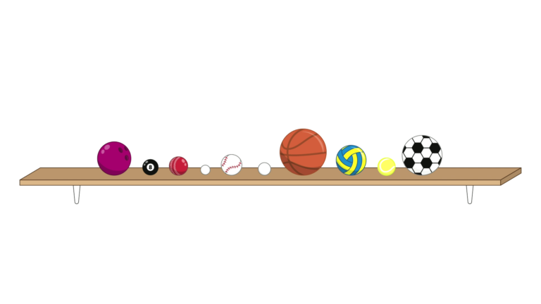 10 balls on a shelf. The balls are, in order, a bowling ball, a pool ball, a cricket ball, a ping pong ball, a baseball, a golf ball, a basketball, a netball, a tennis ball, and a football (soccer ball)