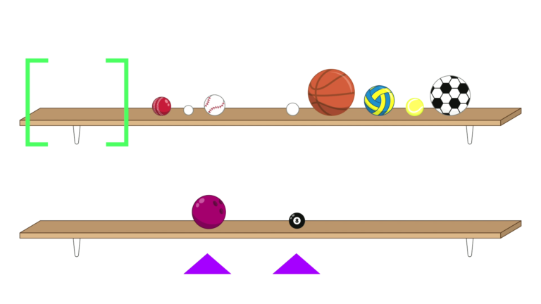 The top shelf now contains an empty pair of green brackets, followed by a set of three balls (cricket ball, ping-pong ball, baseball) and a set of five balls (golf ball, basketball, netball, tennis ball, soccer ball). The bowling ball and pool ball sit separately on the lower shelf, with a purple arrow pointing at each of them.