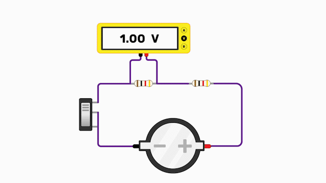 A potential divider circuit where, when the switch is on, a multimeter reads 1.00 V, and 0 V when the switch is off.