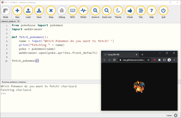 The program above running, with an image of charizard display in the web browser