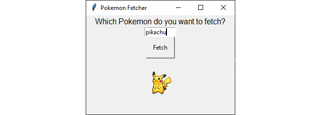 The Pokémon-fetching GUI where the user has entered the name Pikachu, and an image of a Pikachu is displayed underneath