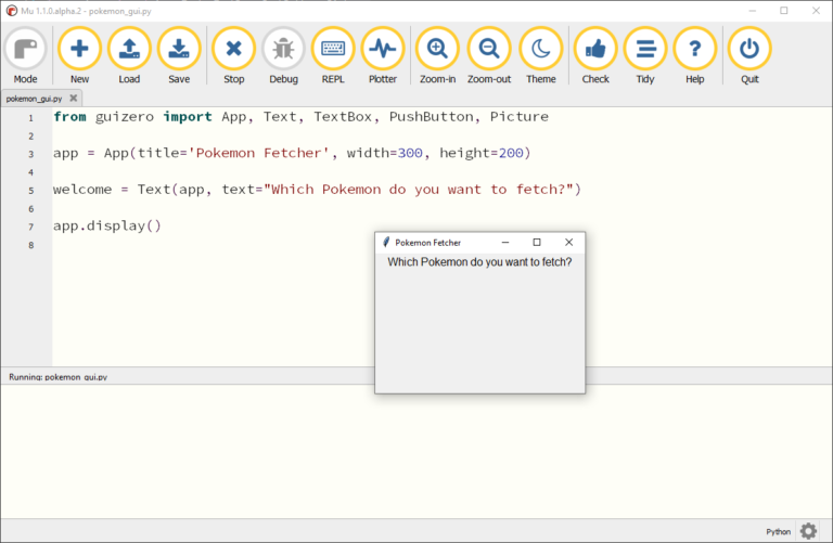 Pokémon-fetcher window, with the message displayed at the top