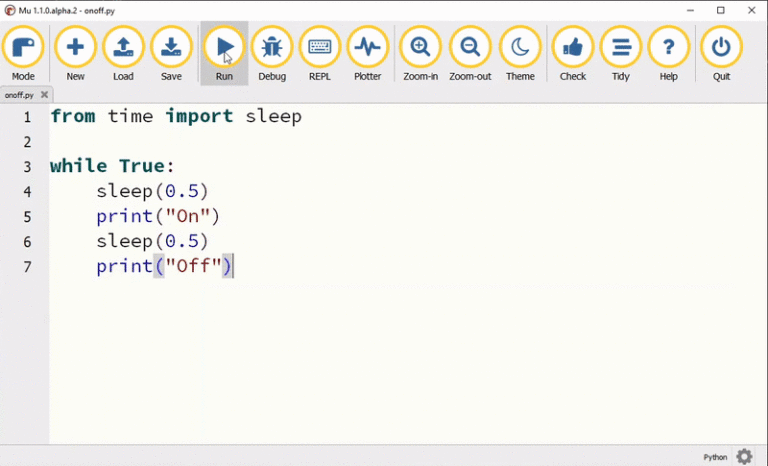 The above Python program being run, the words "On" and "Off" are printed every half a second.