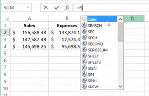 spreadsheet showing names being used in formula