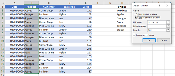 An Excel table and advanced filter