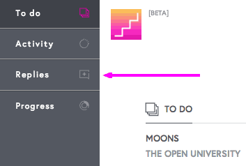 An arrow pointing to the 'Replies' menu item in FutureLearn course navigation