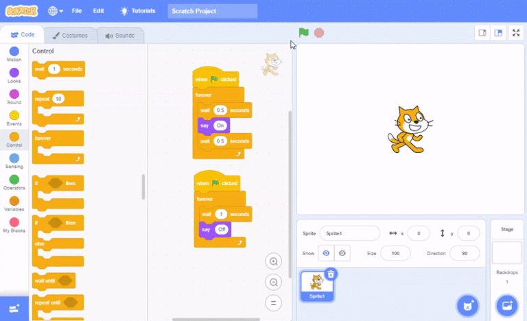 The above Scratch program being run, the sprite says the words "On" and "Off" every half a second.