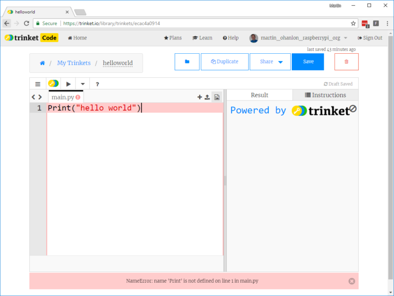 A trinket webpage with the line of text "Print("hello world")" highlighted in red, with a red box below the editor reading "NameError: 'Print' is not defined on line 1 in main.py"