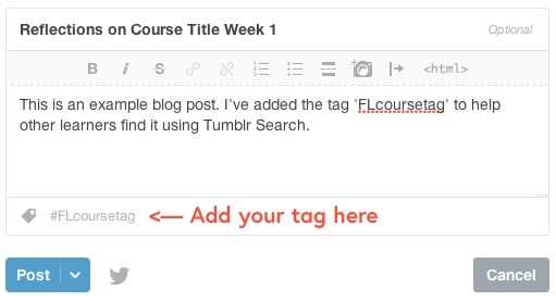 A draft Tumblr post that includes a course hashtag in the tagging area