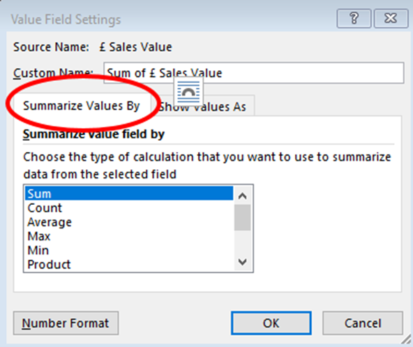 Value Field Settings 