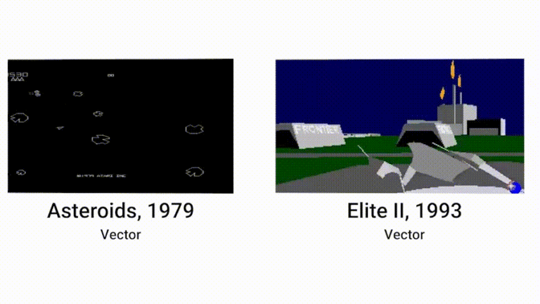 An animated gif showing the a comparison of vector games: Asteroids and Elite 2