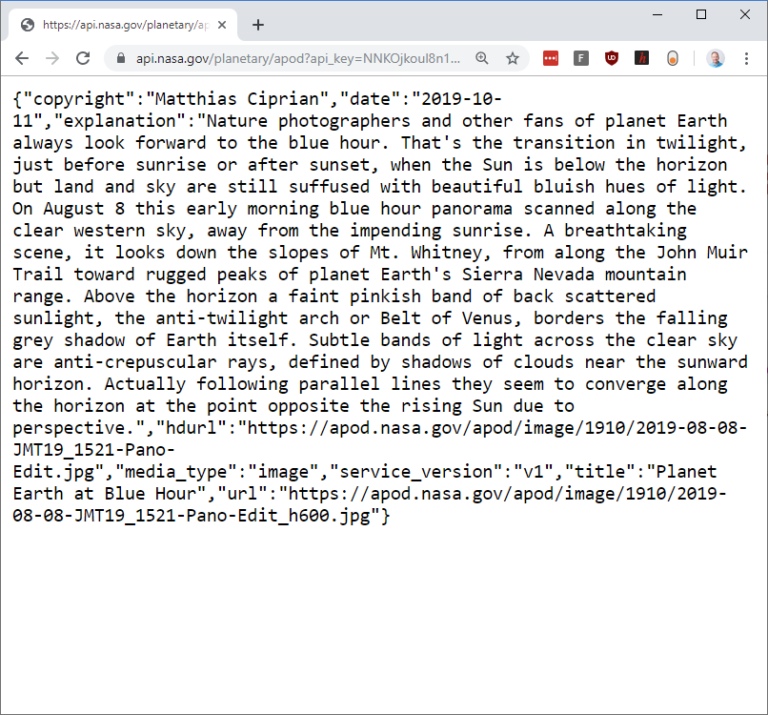 Image of web browser open to the NASA API example URL