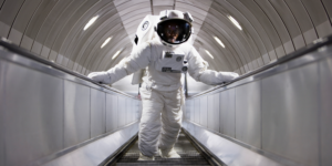 Space tourist wearing an astronaut suit wanders through shuttle
