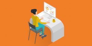 Cartoon-style image of a woman working at a computer desk
