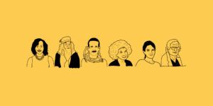 Illustration of Michelle Obama, Dumbledore, Chris Hadfield, Margaret Atwood, Tina Fey and Noam Chomsky.