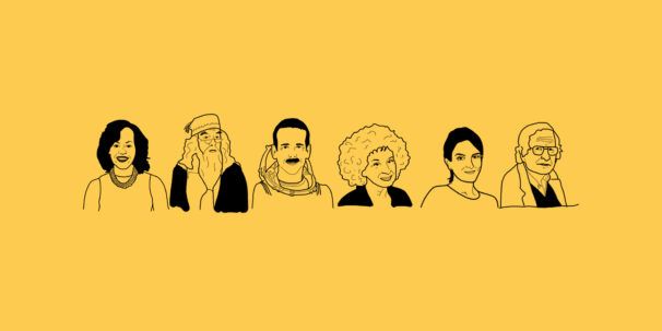 Illustration of Michelle Obama, Dumbledore, Chris Hadfield, Margaret Atwood, Tina Fey and Noam Chomsky.