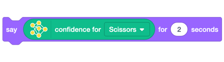 The say scratch block combined with the confidence score teachable machine block: say confidence for Scissors for two seconds.